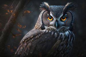 European eagle owl perched on a post and staring forward against a dark background the eyes are penetrating the viewer. Neural network generated art photo