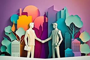 Businessmen making handshake in the city. Neural network photo