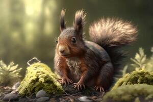 Art view on wild nature. Cute red squirrel. Neural network photo