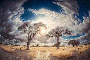 Sunrise over the savannah and grass fields in South Africa with cloudy sky. Neural network photo