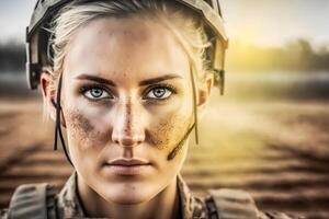 Pretty female soldier portrait. Neural network photo