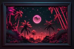 Synthwave neon landscape with palm trees and sunset. Retro style background. Neural network photo