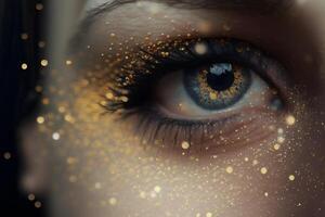 Woman eyes with beautiful glitter makeup. Neural network photo