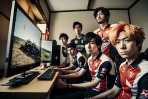 equipo de asiático Adolescente ciber deporte jugadores neural red ai generado foto