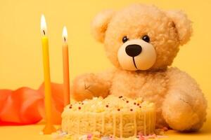Teddy bear wearing birthday hat and a birthday cake. Neural network photo