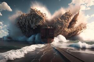 Epic explosion on a cargo ship. Neural network photo