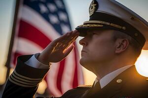 ver de un veterano saludando el bandera de el unido estados neural red ai generado foto