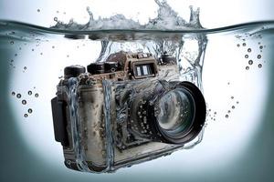 Modern SLR photocamera falling under water with water splashes. Neural network generated art photo