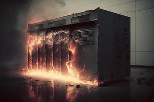 Disaster in server room or data center storage room on fire burning. Neural network generated art photo