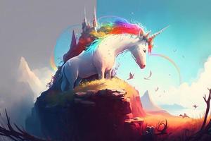 Magic unicorn in fantastic world with fluffy clouds and fairy meadows. Neural network generated art photo