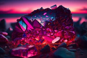 Abstract art background with part of surreal ruby gemstone crystal with prism reflection in fractal triangles structure in purple colors. Neural network photo