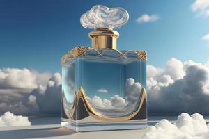 beautiful perfume bottle against the background of the sky and clouds. Neural network generated art photo