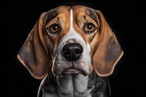 Beagle dog in portrait against black background. Neural network photo