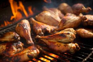 Tasty chicken legs and wings on the grill with fire flames. Neural network photo