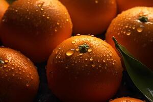 fresh orange fruits with leaves as background, top view. Neural network photo