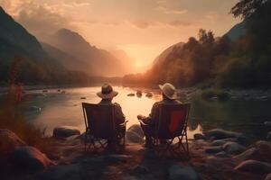 Couple on vacation in the mountains admiring the sunset. Neural network photo