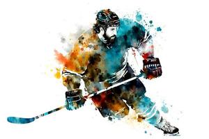 Sportsman playing hockey on watercolor rainbow splash. Neural network generated art photo