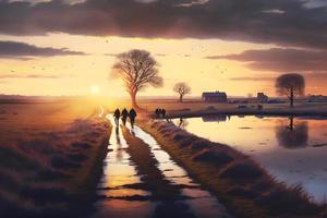 un grupo de personas caminando dentro el puesta de sol. hermosa paisaje. neural red generado Arte foto