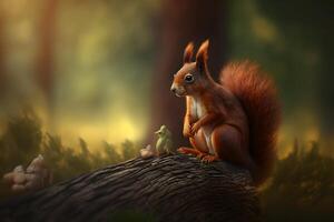 Art view on wild nature. Cute red squirrel. Neural network photo