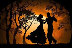 Silhouette of dancing couple in halloween style. Neural network photo