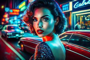 Cinematic night portrait of girl and neon lights. Neural network photo