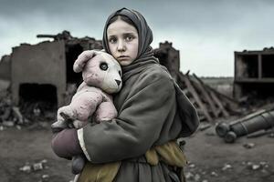 pequeño niña con un osito de peluche oso durante el guerra. evacuación niños. neural red ai generado foto