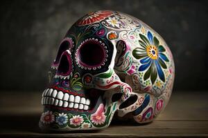 Víspera de Todos los Santos dia Delaware los muertos celebracion con azúcar cráneo. neural red ai generado foto