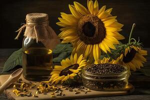 Rural still life sunflower oil in bottle with flowers of sunflower Helianthus annuus in dark light. Neural network photo