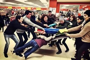 Crowd of people on black friday fighting for promotional goods. Neural network photo