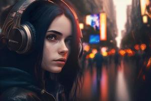 Portrait of young girl with black hair listening music with headphones on city street. Neural network generated art photo