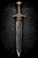 Medieval sword and scabbard. Fantasy golden sword with long blade. Neural network generated art photo