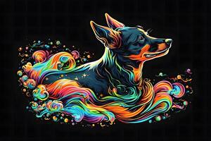 Pinscher dog in creative rainbow neon. Neural network photo