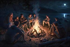 A group of people by the fire. Neural network photo