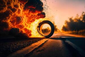 Wheel, tire burning on the track. Neural network photo