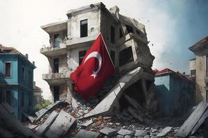 Conceptual illustration of multistorey building damaged in the earthquake with big Turkey flag. Neural network generated art photo