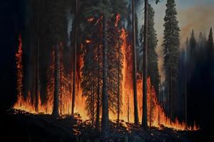 Large flames of forest fire accident. Neural network generated art photo