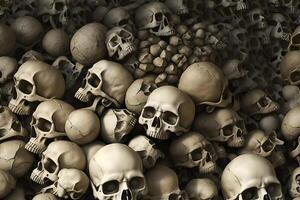 Wall of human bones and skulls in a catacomb. Neural network AI generated photo