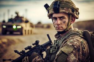 Proud army soldier portrait. Neural network photo