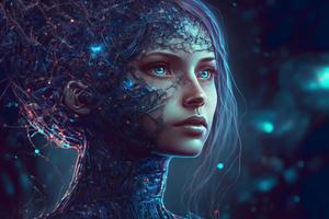 Modern futuristic female humanoid robot portrait with technology details on face. Neural network generated art photo
