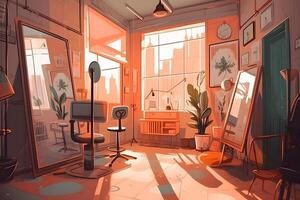 Sketch visualization of the interior of a beauty studio in coral colors. Neural network photo