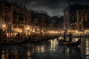 bonito calle ver de Venecia gondoleros a noche. neural red ai generado foto