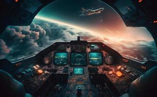 Airplane cockpit view during intergalaxy journey flight or spaceship battle. Neural network generated art photo