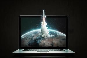 Rocket flies out of the computer, high speed internet, startup concept . Neural network generated art photo