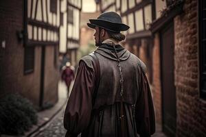 medieval vagabundo en el calle de el antiguo ciudad. neural red ai generado foto