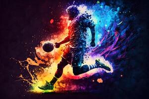 Football player kicks the ball against the background of multi-colored abstraction. Neural network photo