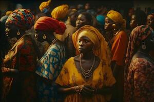 hermosa africano mujer en étnico tocados neural red ai generado foto