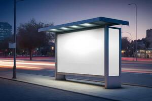 Blank advertising light box on bus stop, mockup of empty ad billboard on night bus station, template banner on background city street for text. Neural network photo