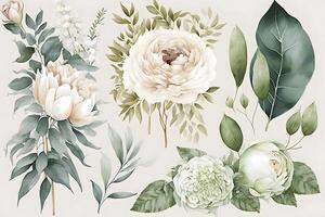 Watercolor flowers plants set on white background. Neural network photo