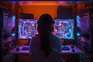 Girl in headphones plays a game on the big TV screen. Gamer with a joystick. Neural network photo