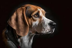 Beagle dog in portrait against black background. Neural network photo